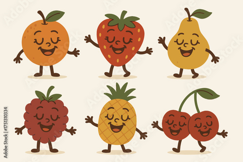 Cute cartoon fruits with faces: happy orange, strawberry, pear, raspberry, pineapple, cherries