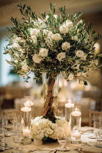 Elegant Floral Arrangement Enhances Table Decor at Evening Wedding Reception
