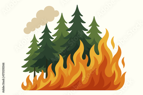 Forest ablaze: conifer trees engulfed in intense fire with rising smoke
