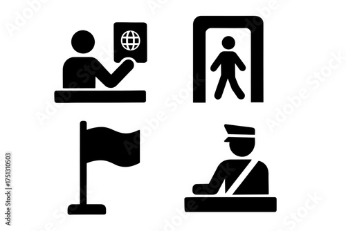 Airport security icons: passport control, metal detector, flag, customs officer