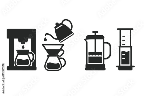 Coffee brewing methods icons: drip, pour over, french press, aeropress