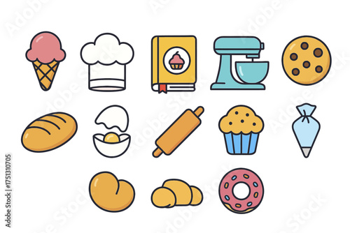 Baking essentials: mixer, rolling pin, eggs, bread, pastry, sweets, and more