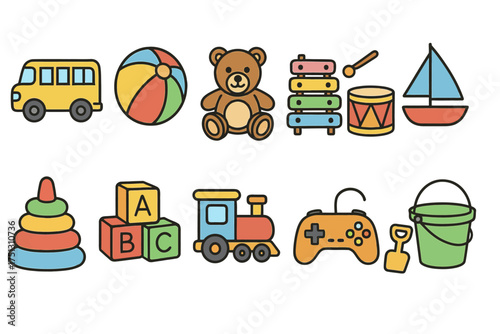 Colorful children's toys collection: vehicles, instruments, blocks, and more