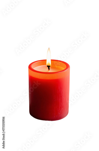 Short red wax candle burning with a warm flame, for romantic, memorial, or spiritual concepts, isolated on a transparent background.