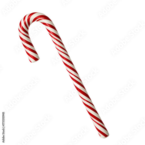 Сlassic Christmas candy cane with red and white stripes, for holiday treats and festive decoration, isolated on a transparent background.