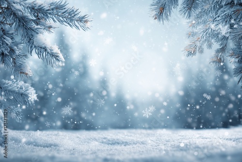 Winter Landscape With Snow-Covered Trees and Falling Snowflakes in a Serene F...