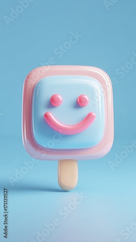 Sweet smiling ice cream popsicle on blue background.
