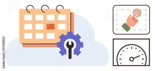 Calendar with gear, wrench symbolizing settings, interactive touchscreen icon, and performance gauge. Ideal for scheduling, optimization, productivity, workflow, automation time management