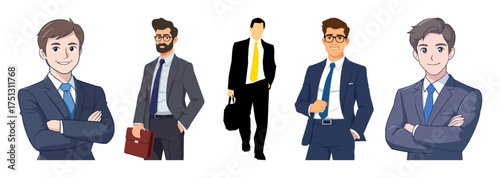 Business people illustrations, professional men in suits, office workers, corporate managers and colleagues in modern workplace concept

