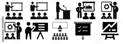 Business presentation icons, training and seminar symbols, corporate meeting, lecture, leadership and office communication pictograms