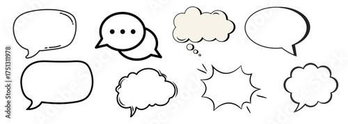 Hand drawn speech bubbles, chat symbols, comic style conversation balloons, doodle talk cloud icons for communication