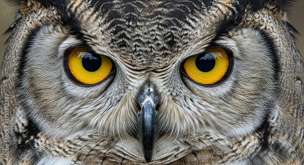 Fototapeta premium Close Up Owl Face Yellow Eyes Intense Stare