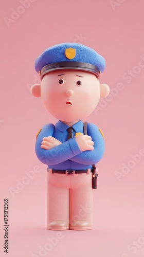 Thoughtful Policeman Cartoon Character Posing with Arms Crossed.
