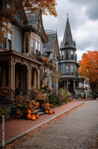 Beautiful Autumn Street With Colorful Houses and Pumpkins in a Charming Neigh...