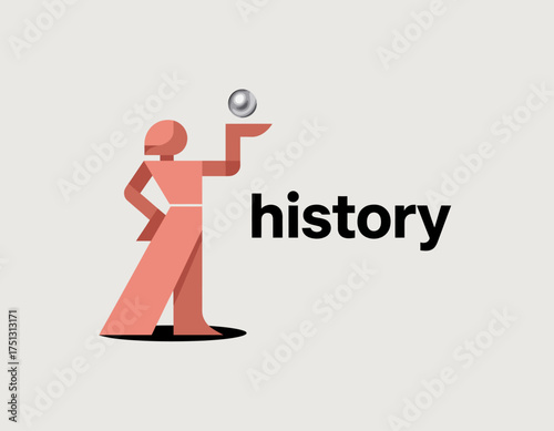This image showcases a stylized figure presenting a sphere, symbolizing history and knowledge, using simple geometric forms to convey a modern aesthetic.