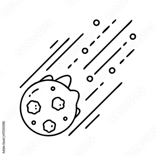 Vector art of simple line drawing of a space rock, possibly an asteroid or comet, with craters and a rough surface, moving rapidly through space indicated by dashed lines and dots