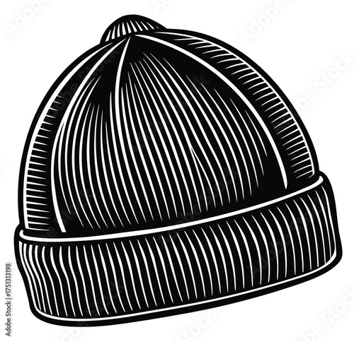 Monochrome vector icon of a casual streetwear knit cap. This vintage engraved beanie illustration is isolated on a white background, representing winter fashion and headwear