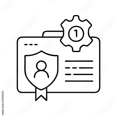 Vector art of a line art icon depicting a document or file with a security shield and a gear icon with number one, isolated on a, representing security settings and first priority