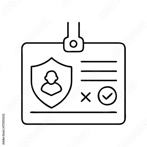 Vector art of a line art icon representing an identification badge or access card with security shield and user icon, isolated on a, symbolizing identity and verification