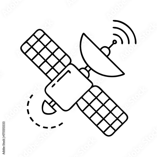 Vector art of a simple line art illustration of a satellite with solar panels and a dish antenna, isolated on a, representing space technology and communication