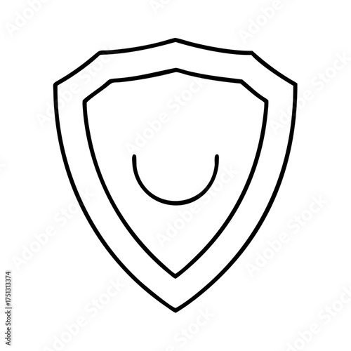 Vector art of a simple outline drawing of a shield with a smiley face inside, isolated on a, representing security and happiness