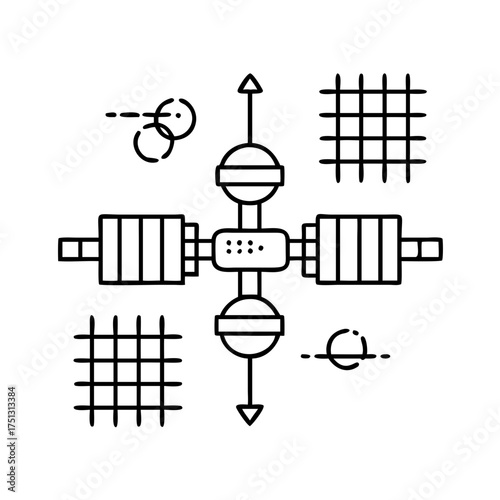 Vector art of a simple black and white line drawing of a satellite or space station with solar panels and antennas, isolated on a, representing communication and technology in orbit