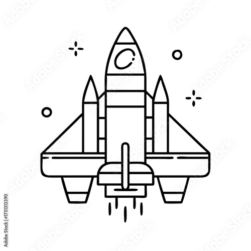 Vector art of a minimalist black and white line art illustration of a rocket ship launching into space, isolated on a, symbolizing exploration and adventure