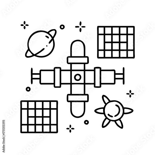 Vector art of a stylized line art illustration depicting a satellite with solar panels and a distant planet, symbolizing space exploration and technology