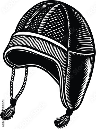 Winter Earflap Hat Engraving A Vintage Illustration of a Warm Knitted Cap with Tassels for Cold Weather