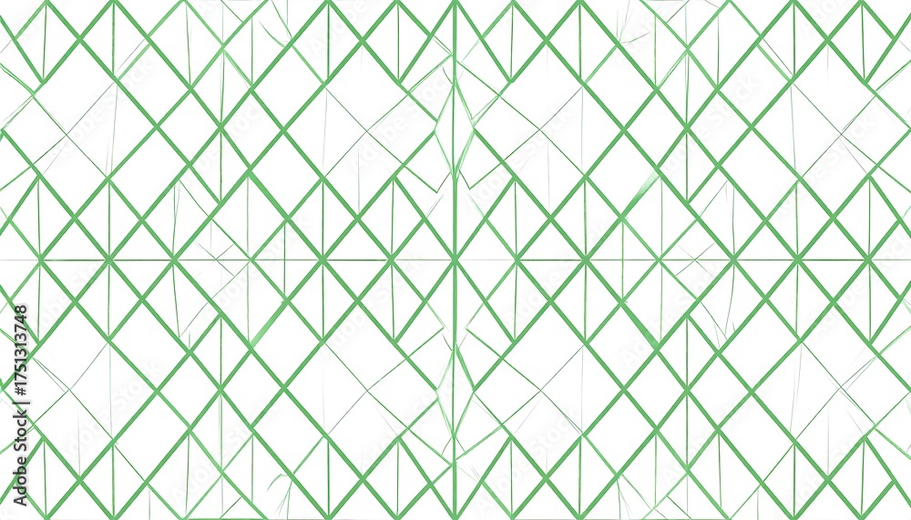 Fototapeta premium A geometric pattern of interconnected lines, creating a web-like design across a white background. Green lines form squares and triangles