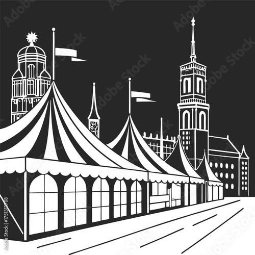 A colorful vector illustration of a circus tent and bridge architecture with the Big Ben tower landmark in the city sky