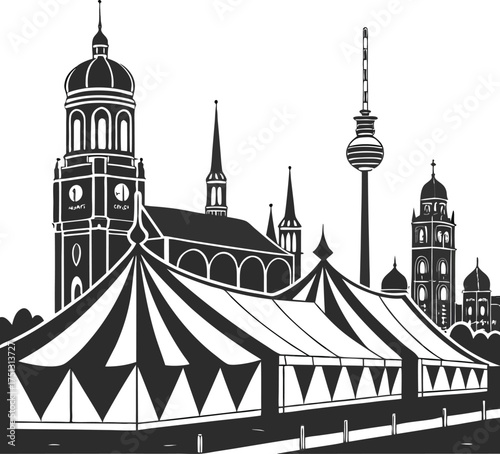 Vector illustration of a city church building with a tower, an architectural silhouette and a religious travel icon
