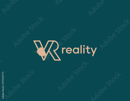 This image displays a sleek logo for VR reality technology, merging futuristic design elements with a modern aesthetic to represent virtual experience.
