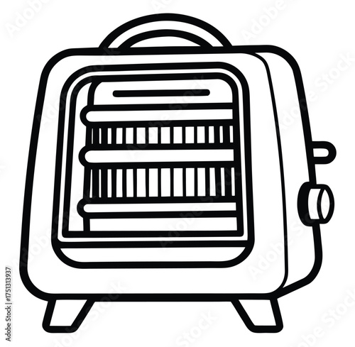 Black and white line art illustration of a portable infrared space heater. Vector graphic icon of an electric heating appliance for home comfort and warmth, isolated on a white background