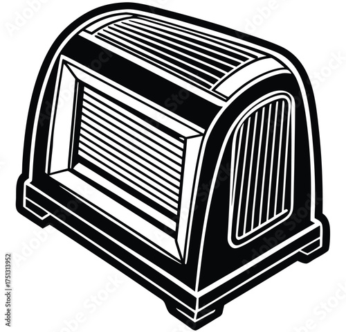 A detailed monochrome vector graphic of a vintage tabletop radio from a bygone era. This retro art deco style broadcast receiver is a classic audio symbol