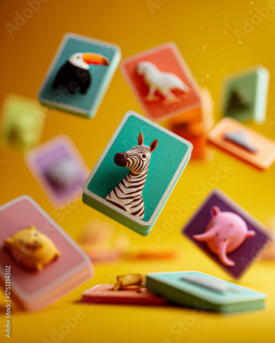 A zebra on a card with other cards in the background, all floating above colorful surfaces