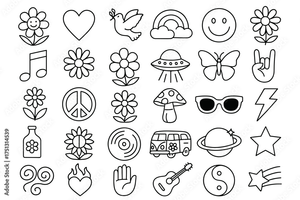 Obraz premium Collection of outline icons featuring flowers, peace symbols, stars, and music elements
