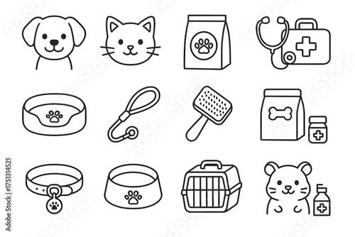 Pet care icons: dog cat hamster supplies and accessories