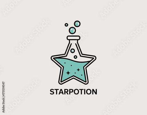 An enchanting star-shaped potion bottle is depicted with effervescent bubbles, symbolizing magic and creativity, suitable for fantasy and whimsical themes.