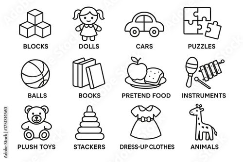 Children's toys and activities: dolls, cars, books, and more icons