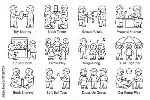 Children engaging in various group play activities with friends