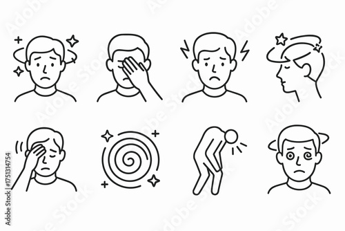 Monochrome line art illustrating various headache symptoms on caucasian male figures