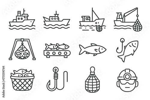 Fishing industry icons: boats, nets, fish, hooks, processing, fisherman