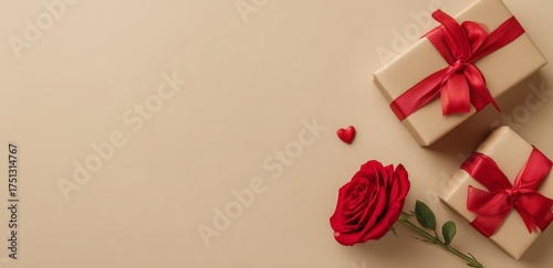 Colorful Wrapped Gifts and Rose on Soft Background Create a Festive Atmospher...
