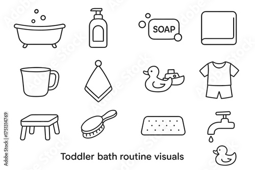 Outline illustrations of toddler bath essentials for bath time routine