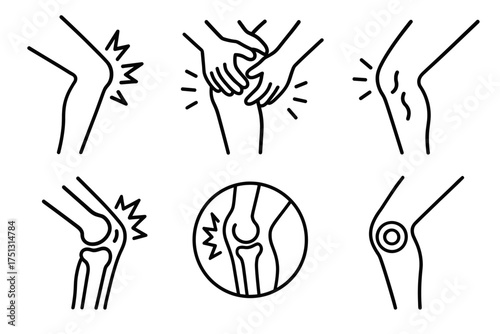 Knee pain line icons illustrating joint discomfort and arthritis symptoms