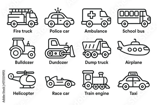 Vehicle line icons: fire truck, police car, ambulance, school bus, airplane