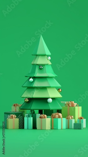 Creative Green Christmas Tree With Colorful Presents and Decorations in a Fes...