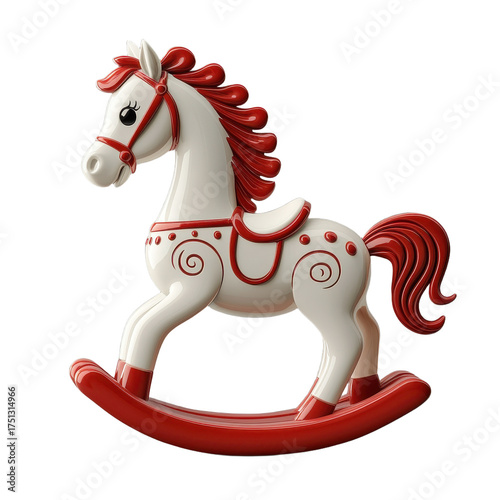 a white and red rocking horse isolated on transparent background.