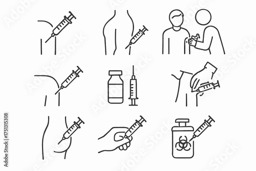 Medical injection line icons set including syringes and vaccination scenarios
